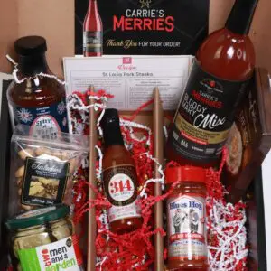 Gift box with assorted sauces and snacks.