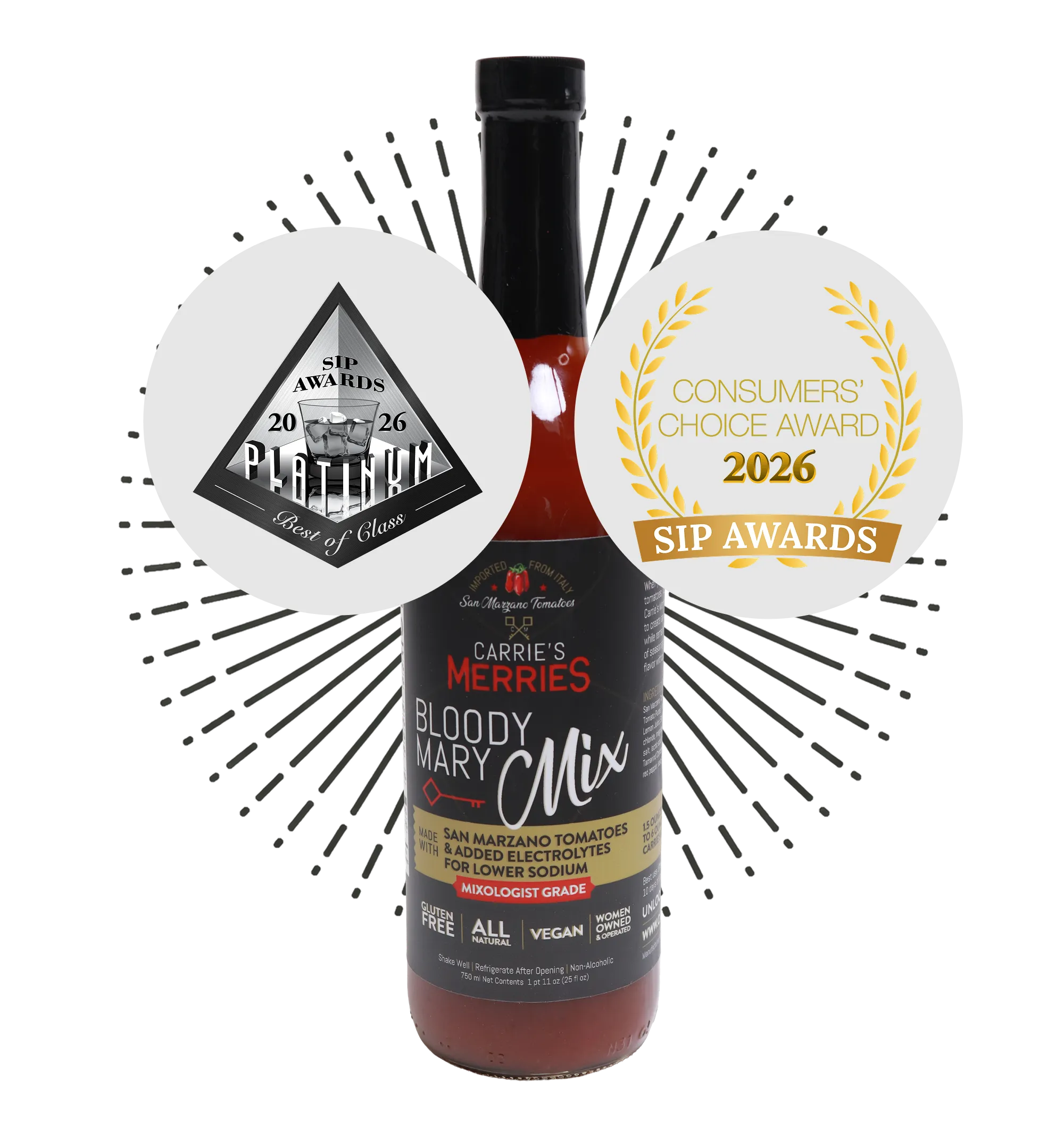 Bottle of Bloody Marry with two awards
